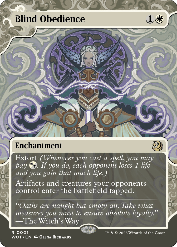 Blind Obedience (WOT-001) - Wilds of Eldraine: Enchanting Tales: (Showcase) (Borderless) Foil
