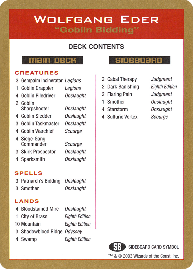 Wolfgang Eder Decklist (WCD-WE0B) - World Championship Decks 2003