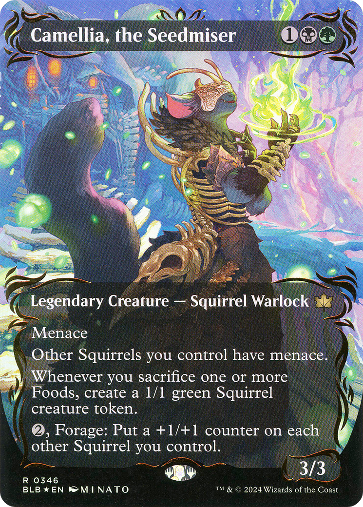 Camellia, the Seedmiser (Borderless) (Raised Foil) (BLB-346) - Bloomburrow: (Showcase) Foil