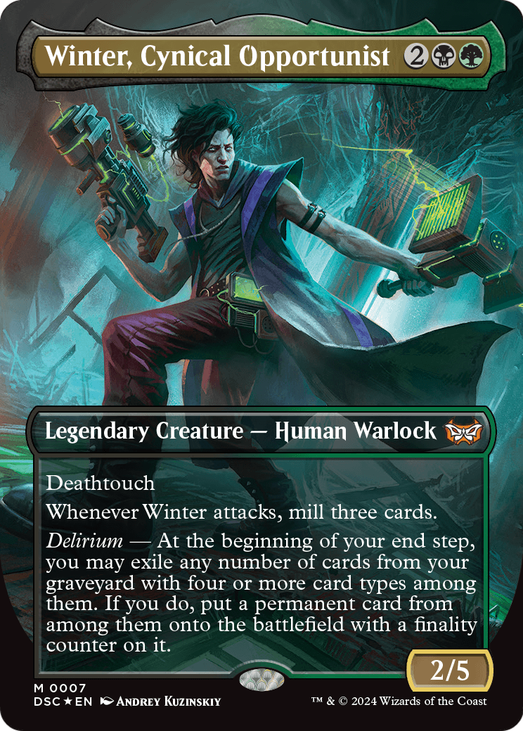 Winter, Cynical Opportunist (Borderless) (DSC-007) - Duskmourn: House of Horror Commander Foil