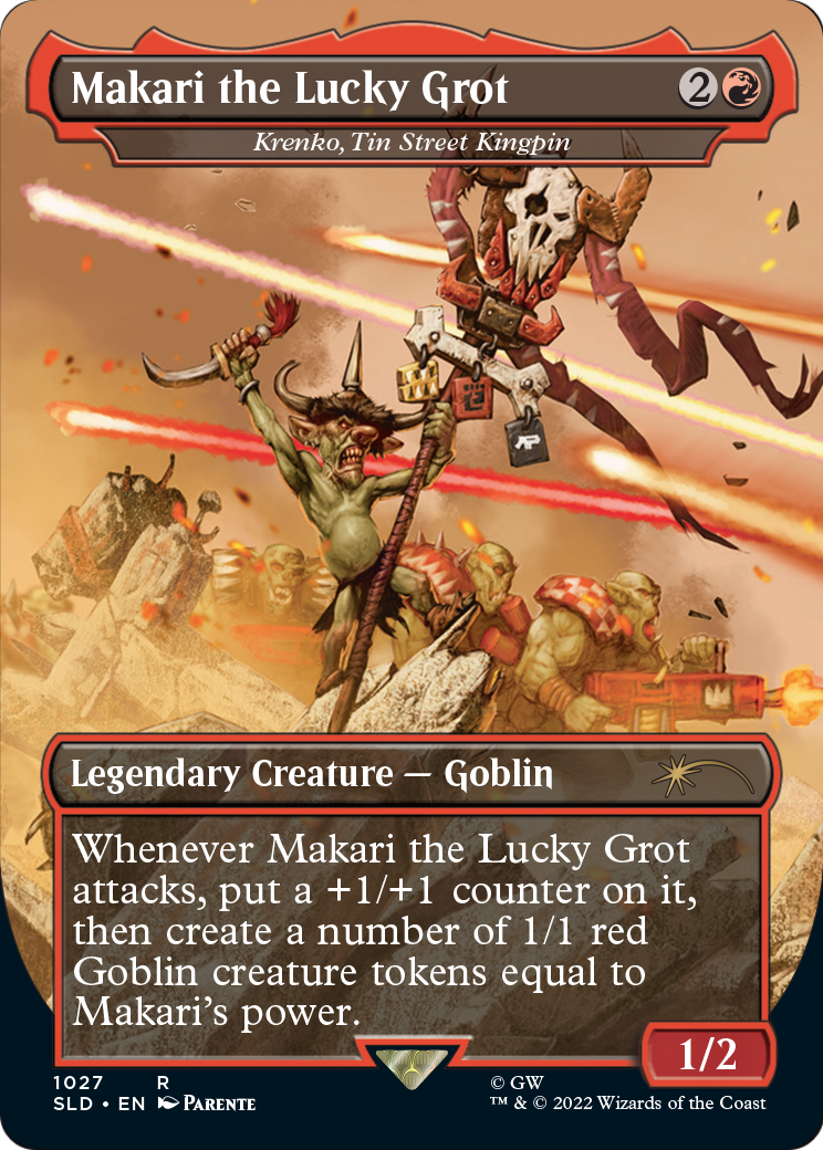 Makari the Lucky Grot - Krenko, Tin Street Kingpin (Borderless) (SLD-1027) - Secret Lair Drop / Makari the Lucky Grot