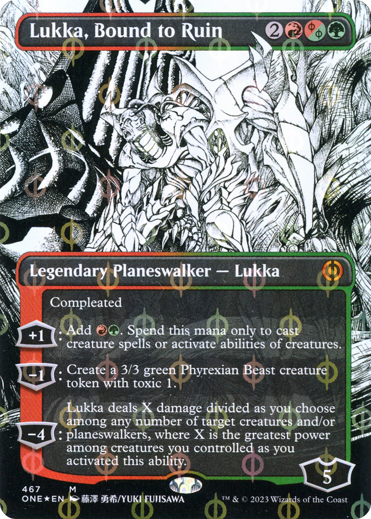 Lukka, Bound to Ruin (Borderless) (Step-And-Compleat Foil) (ONE-467) - Phyrexia: All Will Be One: (Showcase) Foil