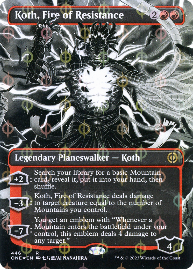 Koth, Fire of Resistance (Borderless) (Step-and-Compleat Foil) (ONE-446) - Phyrexia: All Will Be One: (Showcase) Foil