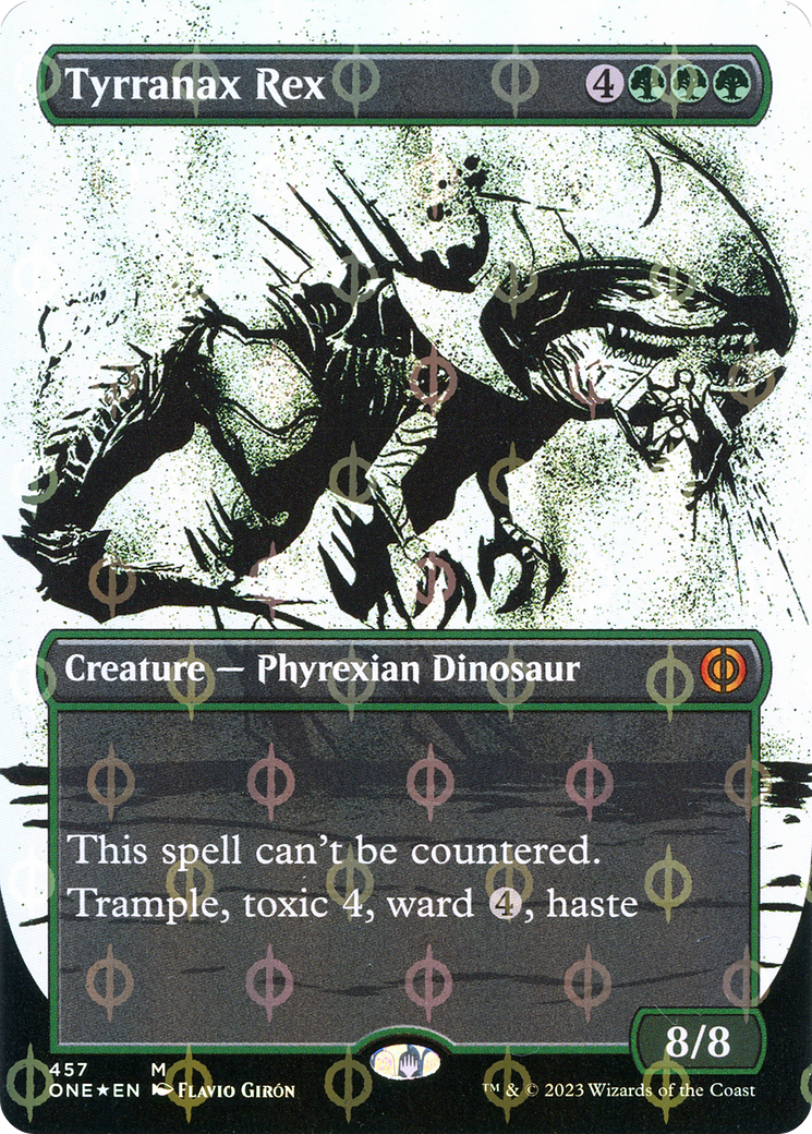 Tyrranax Rex (Showcase) (Step-and-Compleat Foil) (ONE-457) - Phyrexia: All Will Be One: (Showcase) (Borderless) Foil