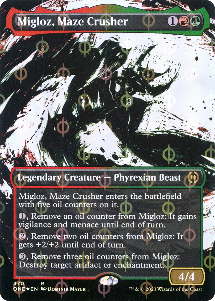 Migloz, Maze Crusher (Showcase) (Step-and-Compleat Foil) (ONE-470) - Phyrexia: All Will Be One: (Showcase) (Borderless) Foil