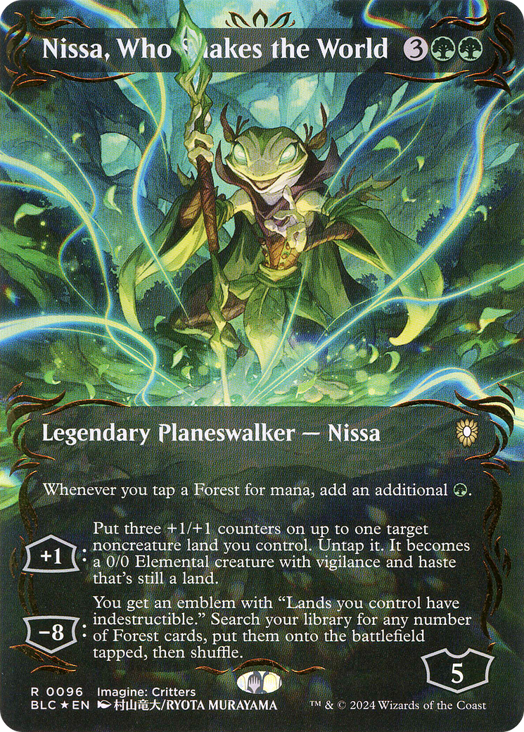 Nissa, Who Shakes the World (Borderless) (Raised Foil) (BLC-096) - Bloomburrow Commander Foil